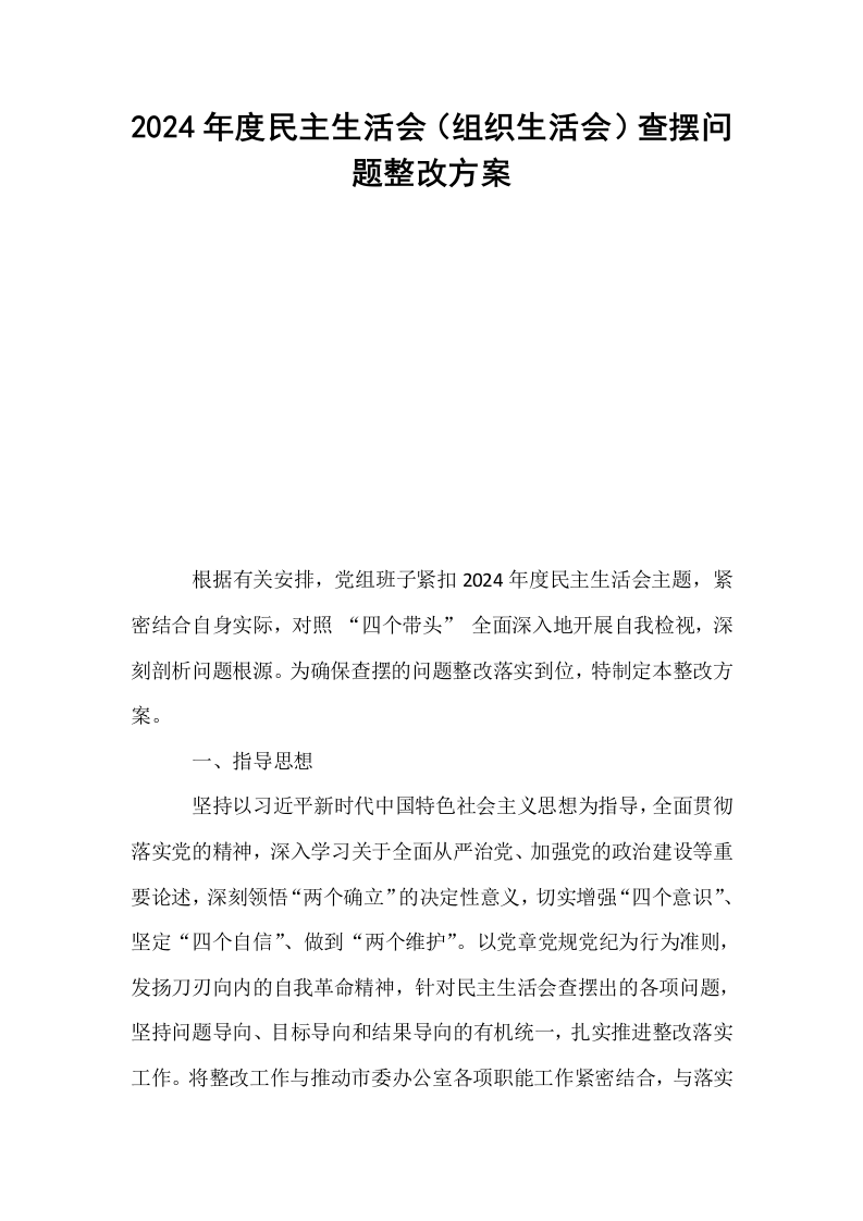 2024年度民主生活会（组织生活会）查摆问题整改方案_第1页