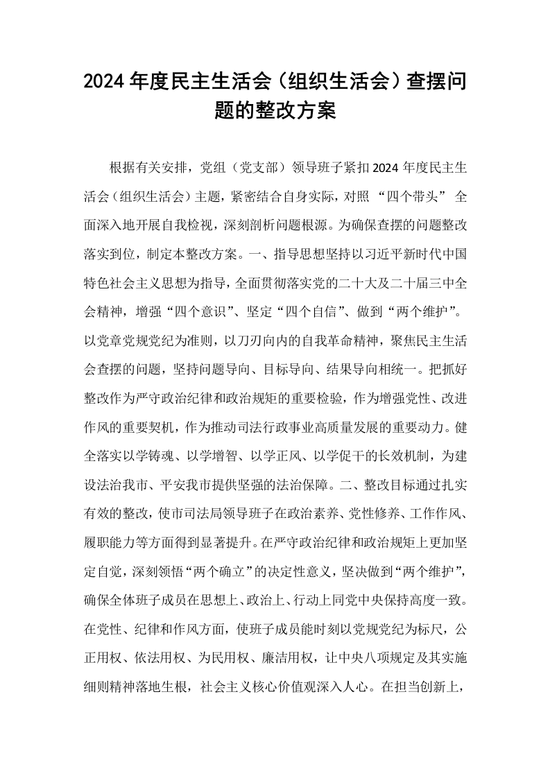 2024年度民主生活会（组织生活会）查摆问题的整改方案_第1页