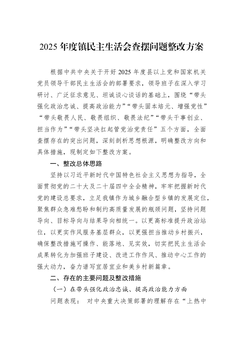 2025年度镇民主生活会查摆问题整改方案_第1页