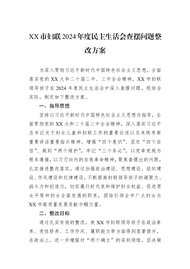 XX市妇联2024年度民主生活会查摆问题整改方案（3.12）_第1页