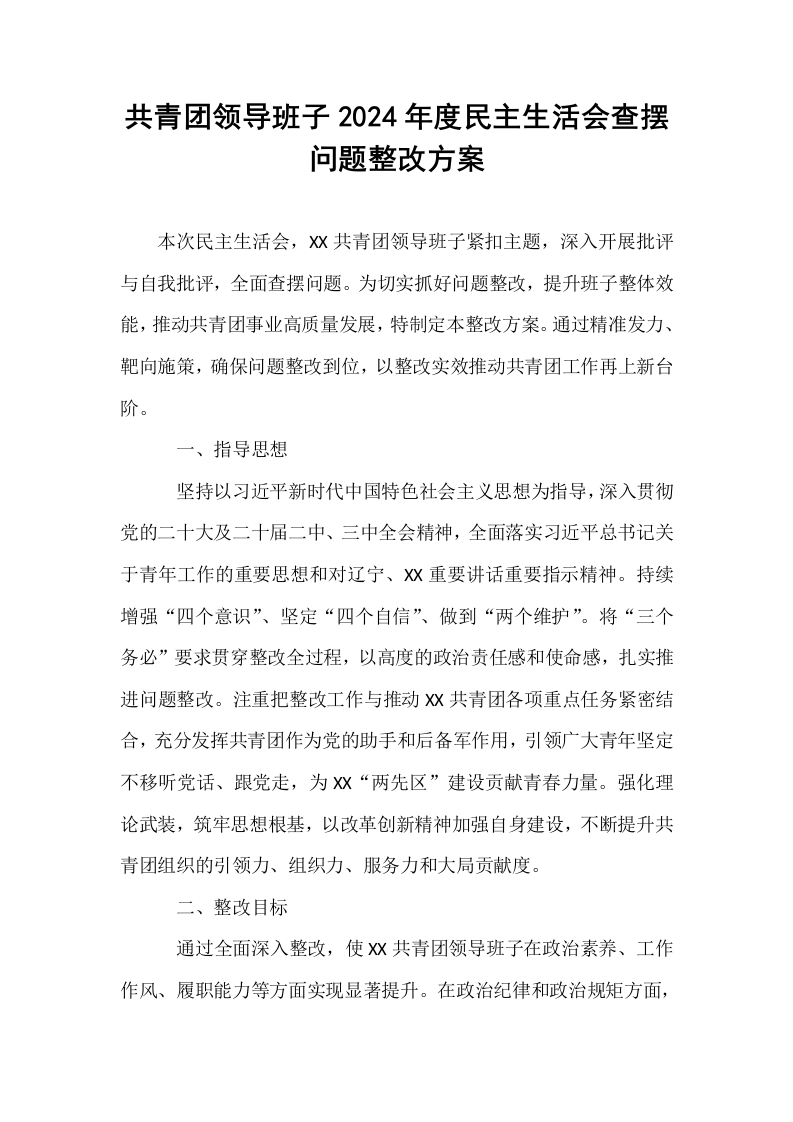 共青团领导班子2024年度民主生活会查摆问题整改方案_第1页