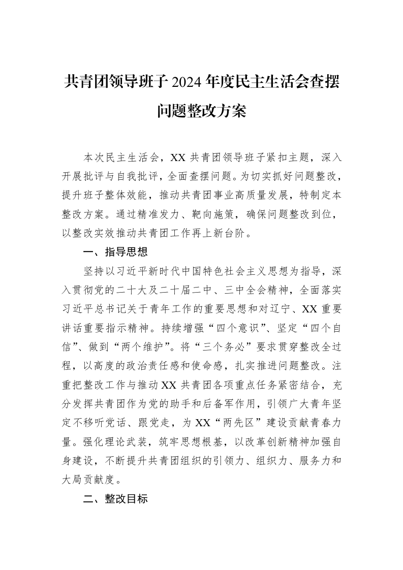 共青团领导班子2024年度民主生活会查摆问题整改方案（3.12）_第1页