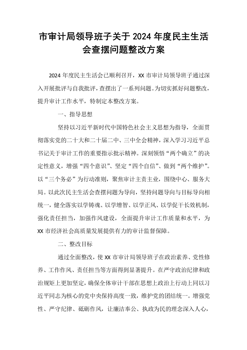 市审计局领导班子关于2024年度民主生活会查摆问题整改方案_第1页