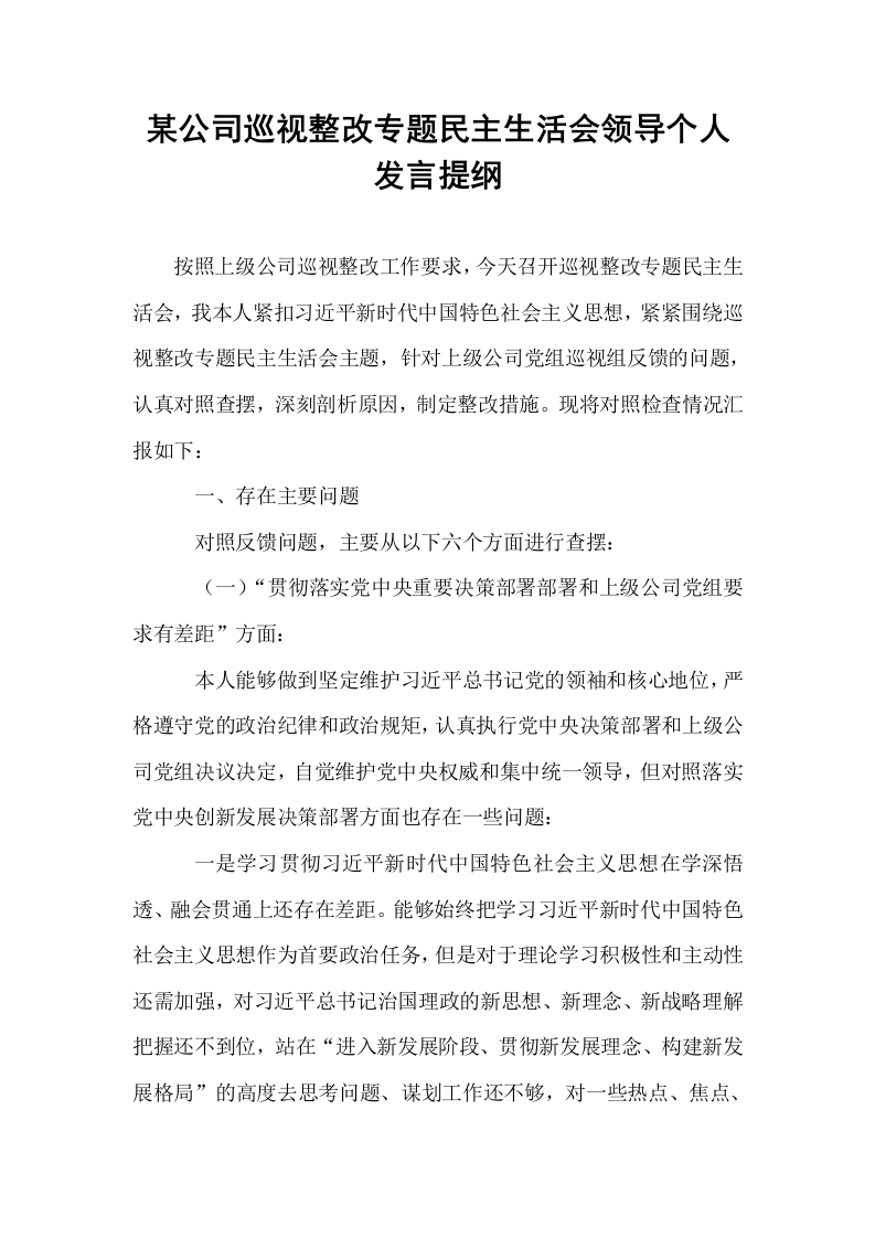 某公司巡视整改专题民主生活会领导个人发言提纲_第1页