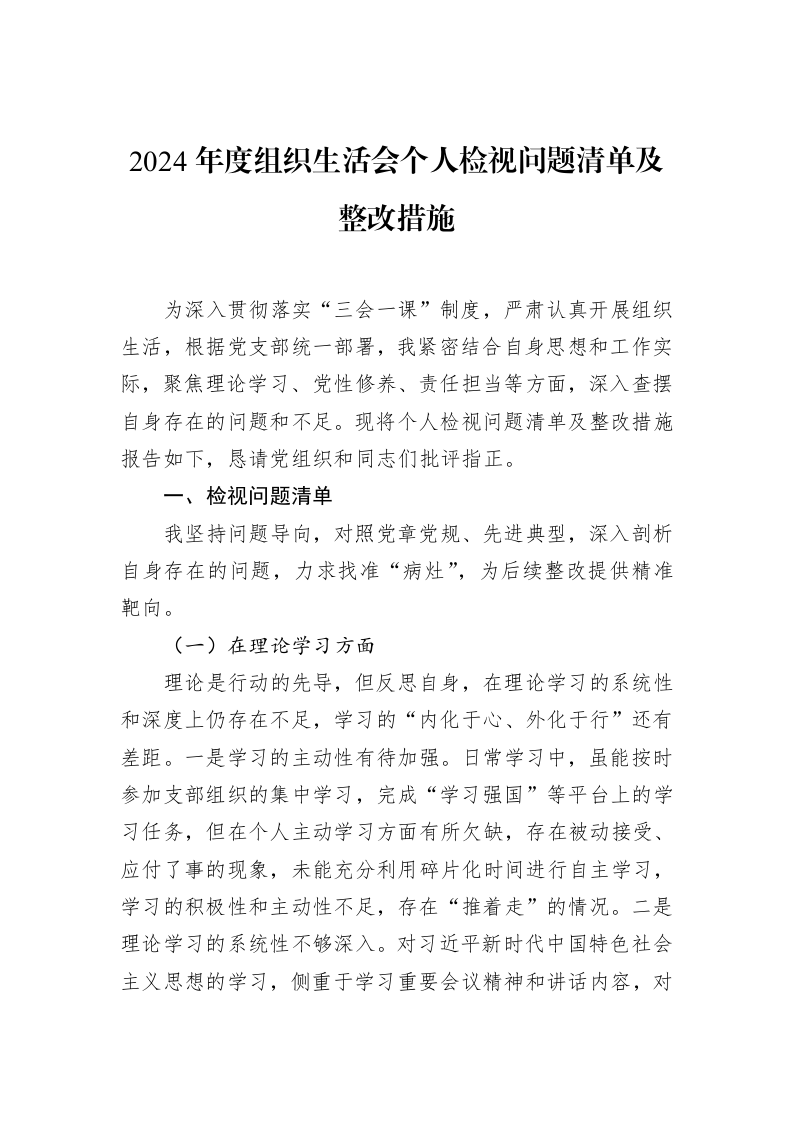 2024年度组织生活会个人检视问题清单及整改措施（02-20）_第1页