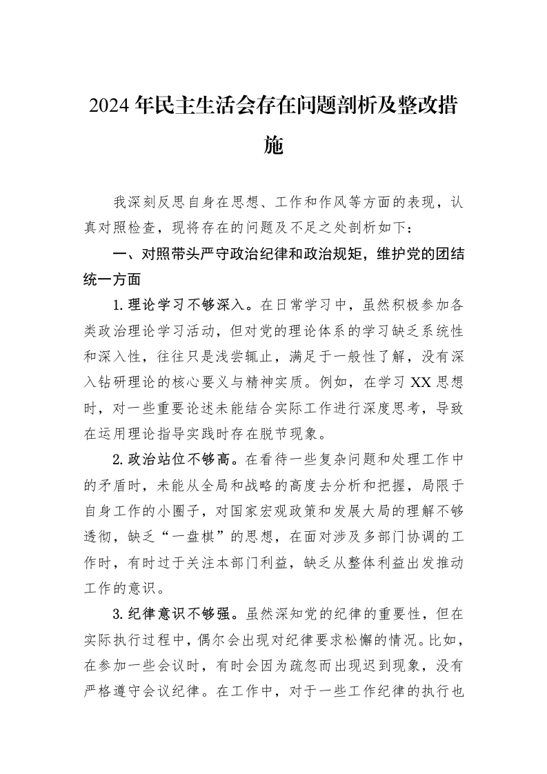 2024年民主生活会存在问题剖析及整改措施（01-20）_第1页