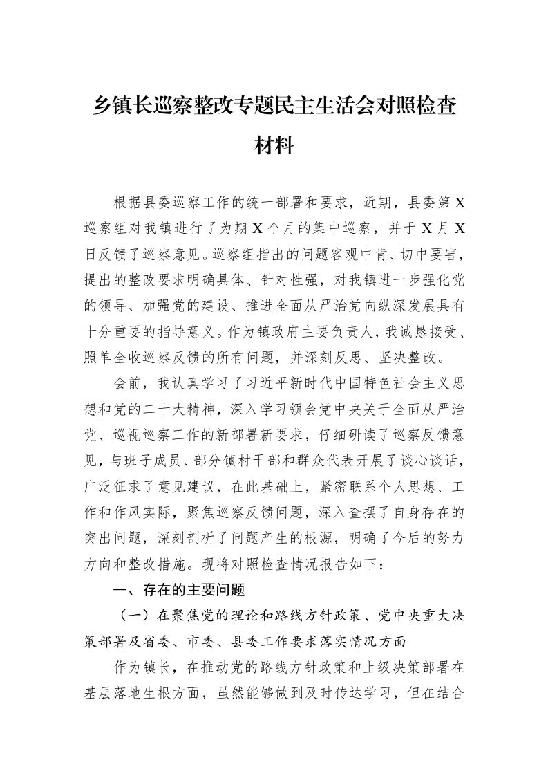 乡镇长巡察整改专题民主生活会对照检查材料_第1页