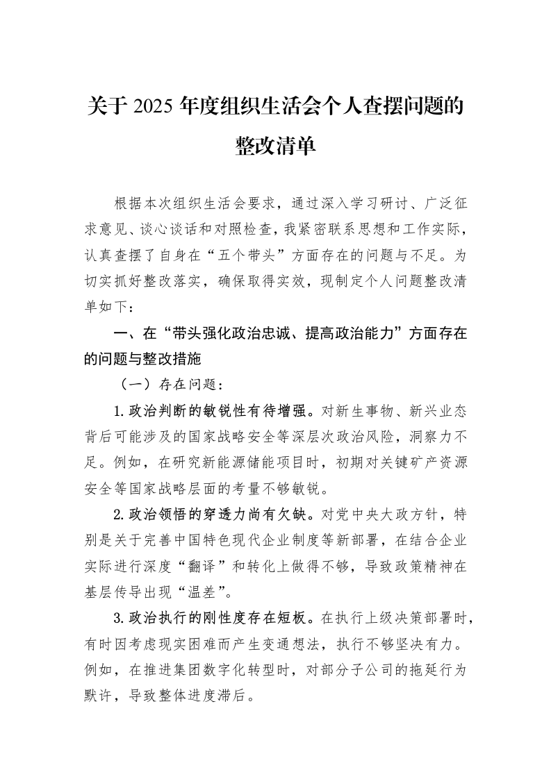 关于2025年度组织生活会个人查摆问题的整改清单_第1页