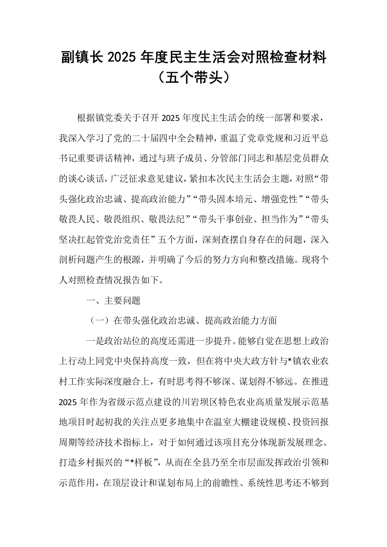 副镇长2025年度民主生活会对照检查材料（五个带头）_第1页