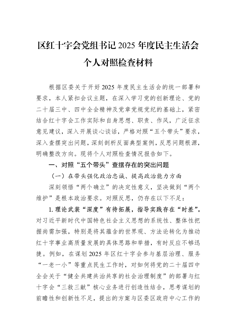 区红十字会党组书记2025年度民主生活会个人对照检查材料_第1页