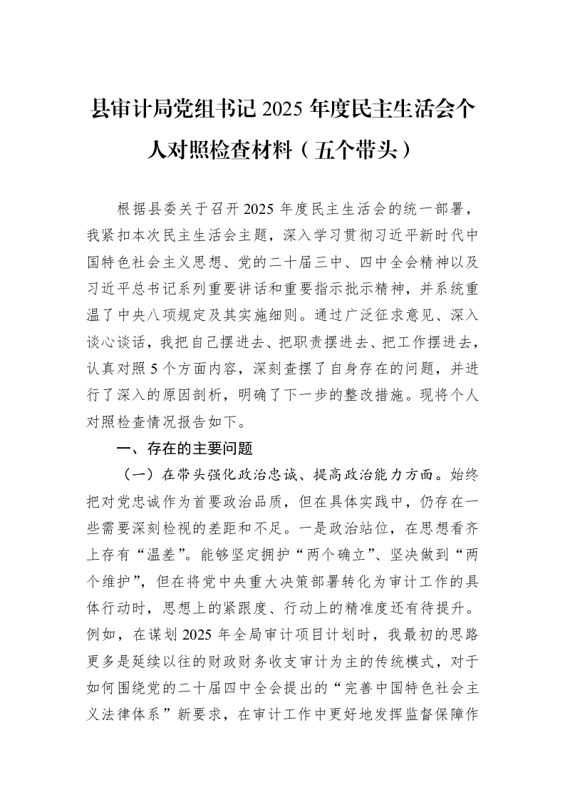 县审计局党组书记2025年度民主生活会个人对照检查材料（五个带头）_第1页