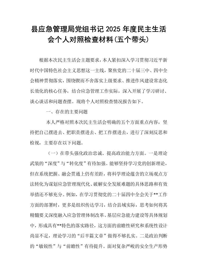 县应急管理局党组书记2025年度民主生活会个人对照检查材料(五个带头)_第1页