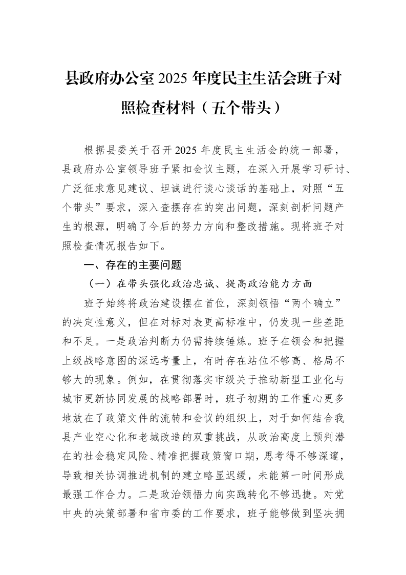 县政府办公室2025年度民主生活会班子对照检查材料（五个带头）_第1页