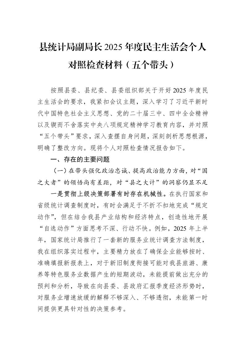 县统计局副局长2025年度民主生活会个人对照检查材料（五个带头）_第1页