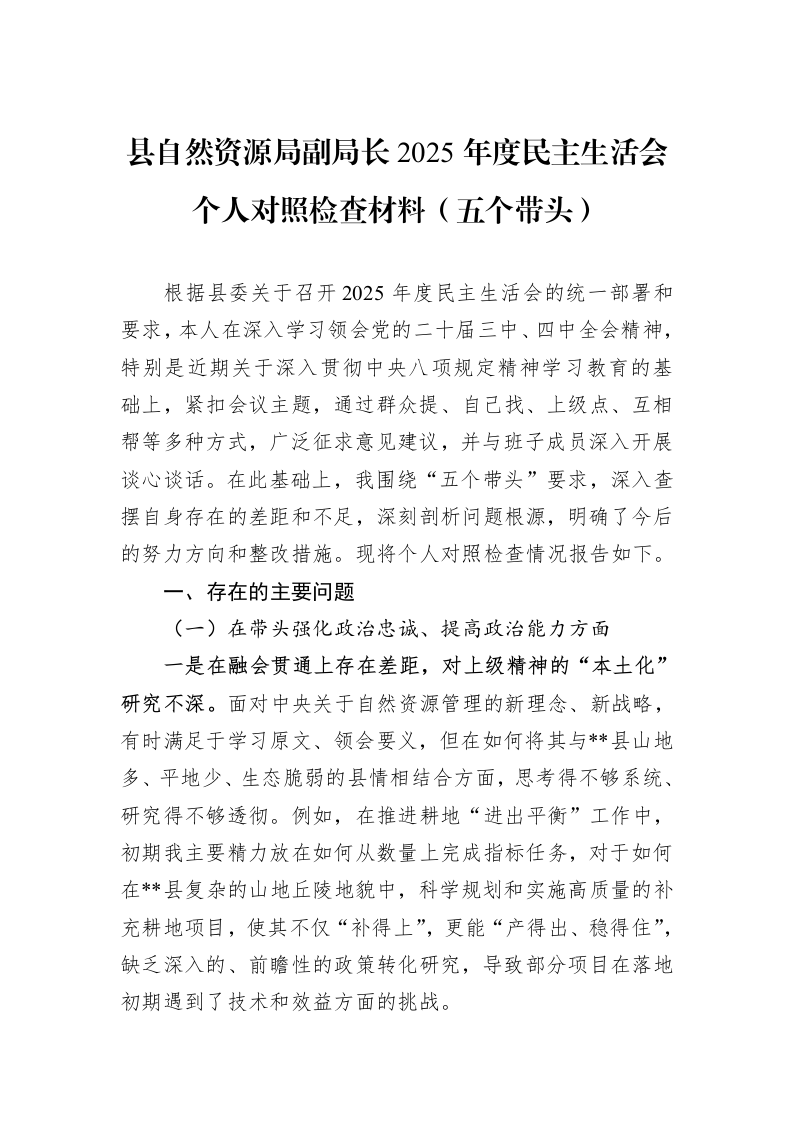 县自然资源局副局长2025年度民主生活会个人对照检查材料（五个带头）_第1页