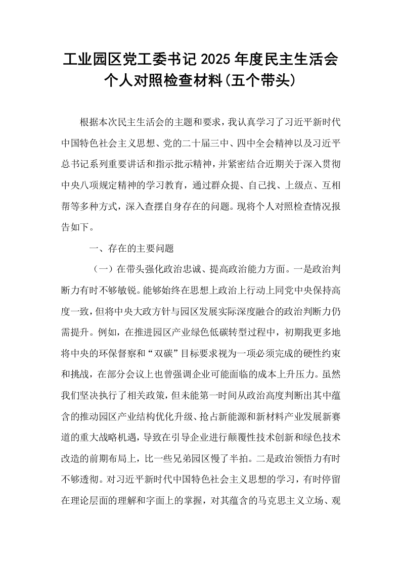 工业园区党工委书记2025年度民主生活会个人对照检查材料(五个带头)_第1页
