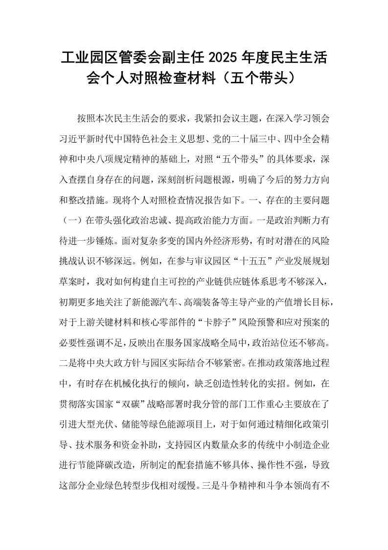 工业园区管委会副主任2025年度民主生活会个人对照检查材料（五个带头）_第1页