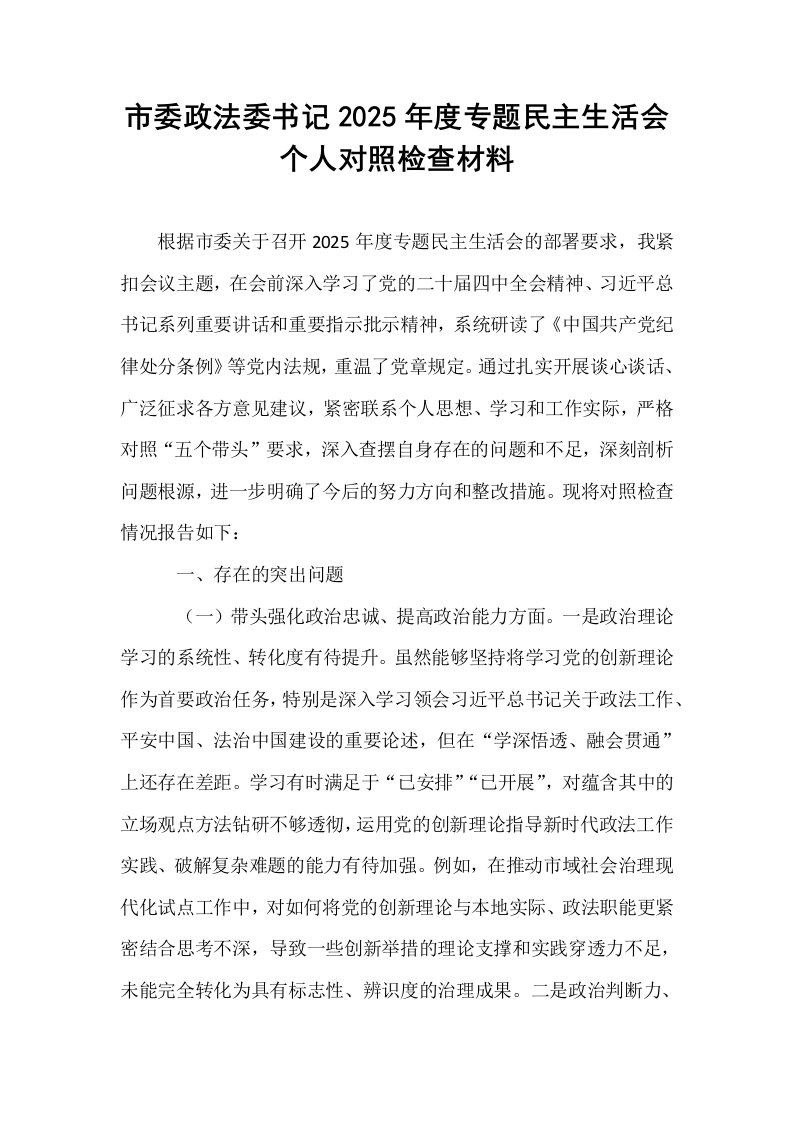 市委政法委书记2025年度专题民主生活会个人对照检查材料_第1页