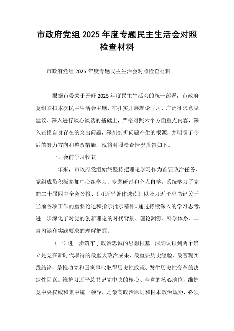 市政府党组2025年度专题民主生活会对照检查材料_第1页