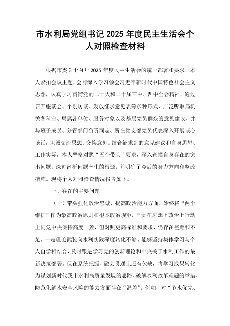 市水利局党组书记2025年度民主生活会个人对照检查材料_第1页