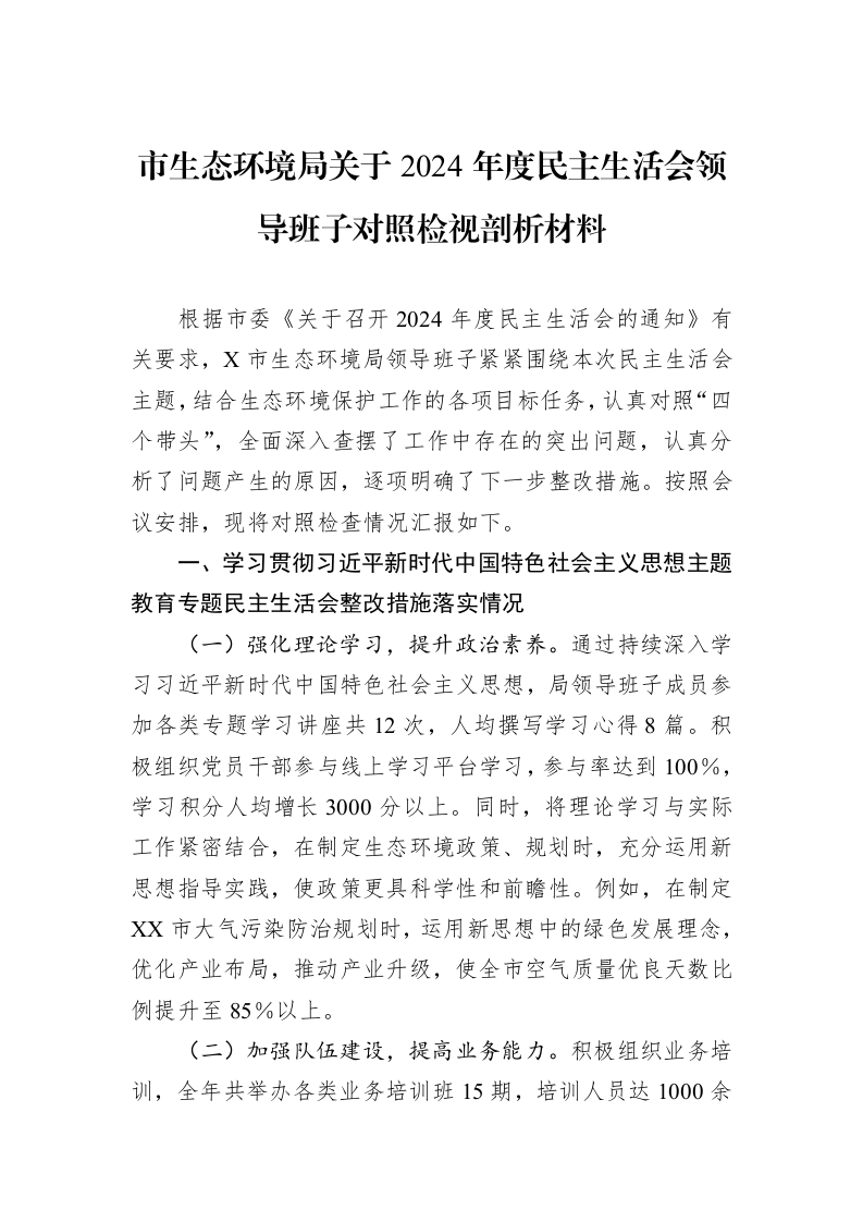 市生态环境局关于2024年度民主生活会领导班子对照检视剖析材料（02-13）_第1页
