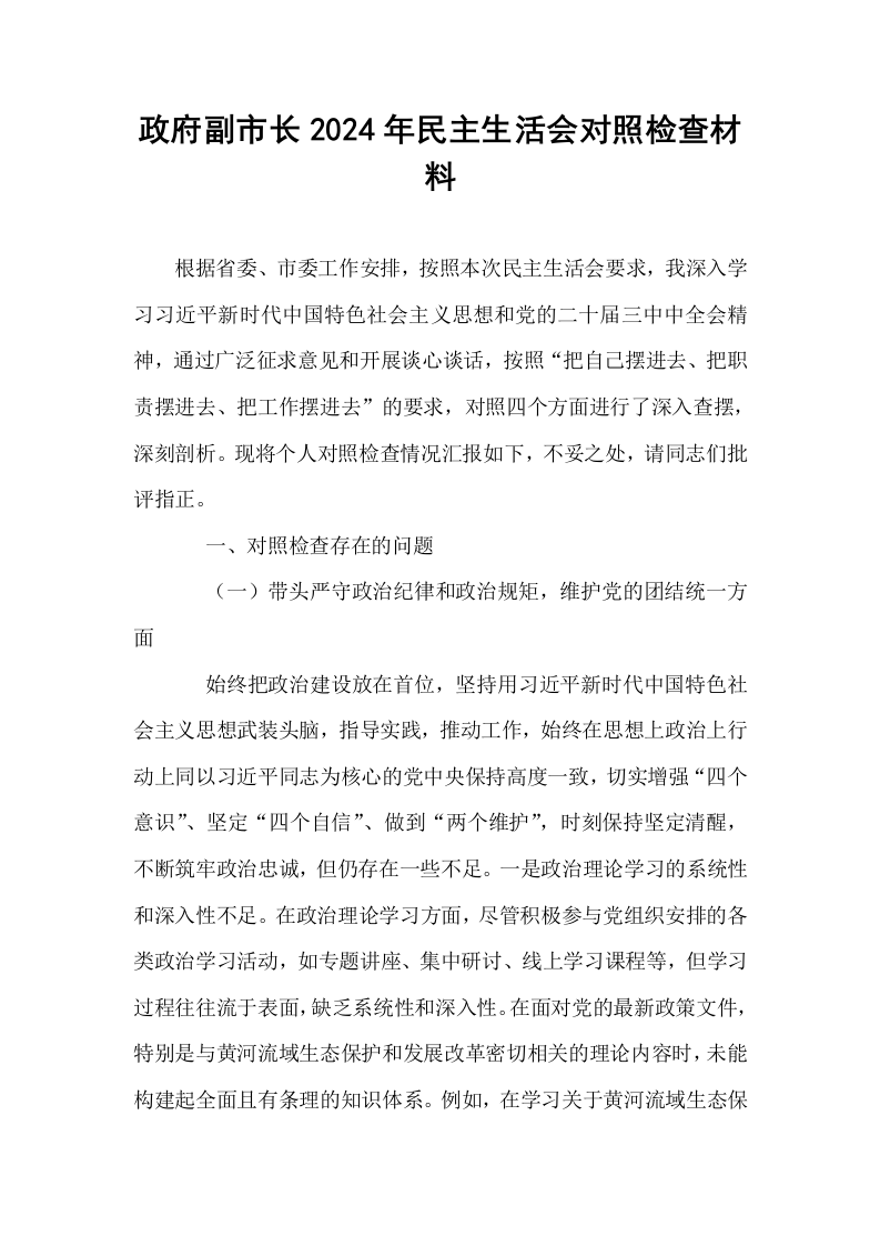 政府副市长2024年民主生活会对照检查材料（02-08）_第1页