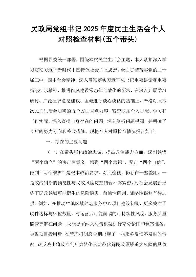 民政局党组书记2025年度民主生活会个人对照检查材料(五个带头)_第1页