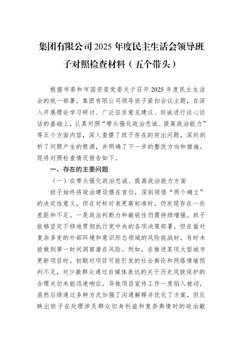 集团有限公司2025年度民主生活会领导班子对照检查材料（五个带头）_第1页
