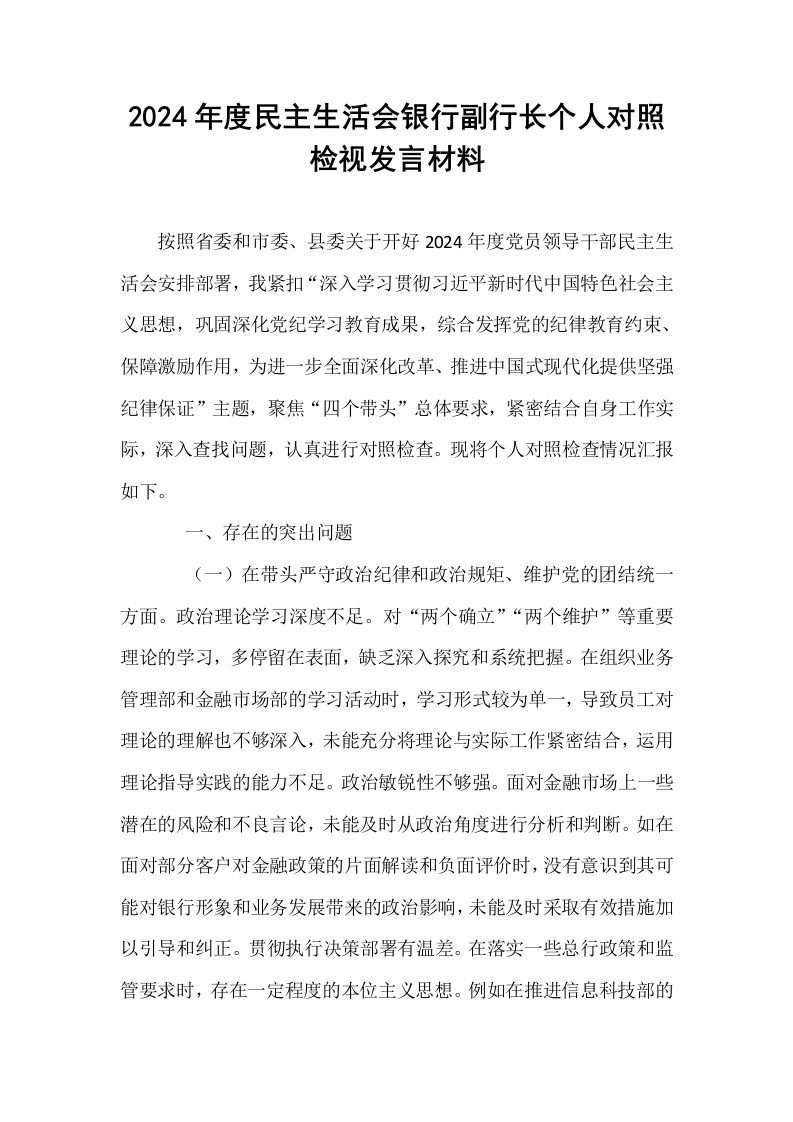 2024年度民主生活会银行副行长个人对照检视发言材料_第1页