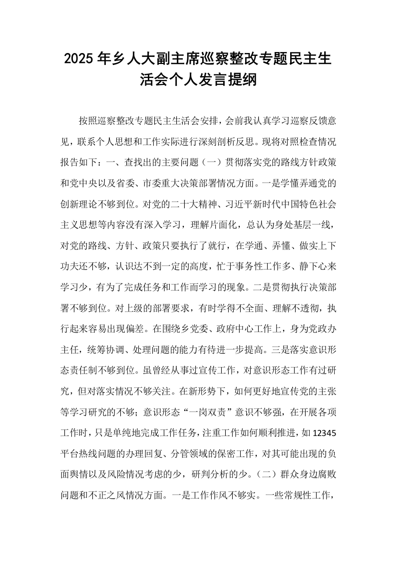 2025年乡人大副主席巡察整改专题民主生活会个人发言提纲_第1页
