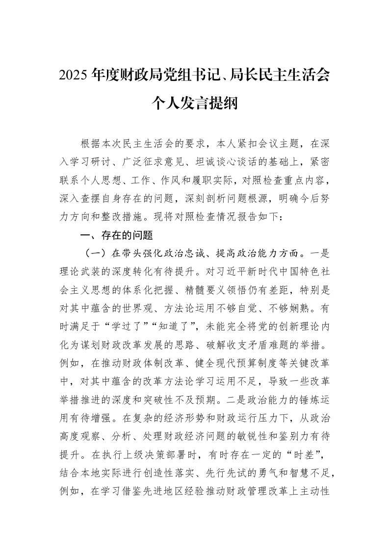 2025年度财政局党组书记、局长民主生活会个人发言提纲_第1页