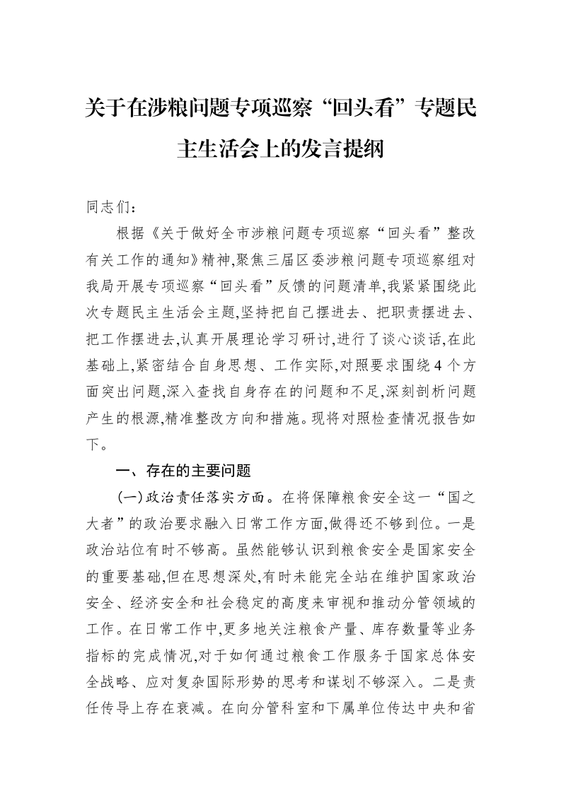 关于在涉粮问题专项巡察“回头看”专题民主生活会上的发言提纲_第1页