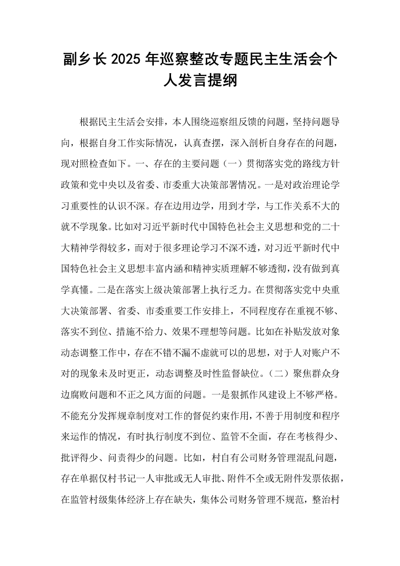 副乡长2025年巡察整改专题民主生活会个人发言提纲_第1页
