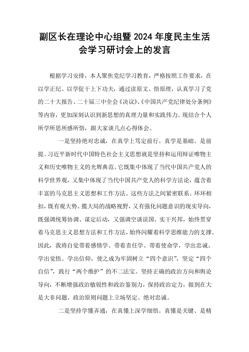 副区长在理论中心组暨2024年度民主生活会学习研讨会上的发言_第1页