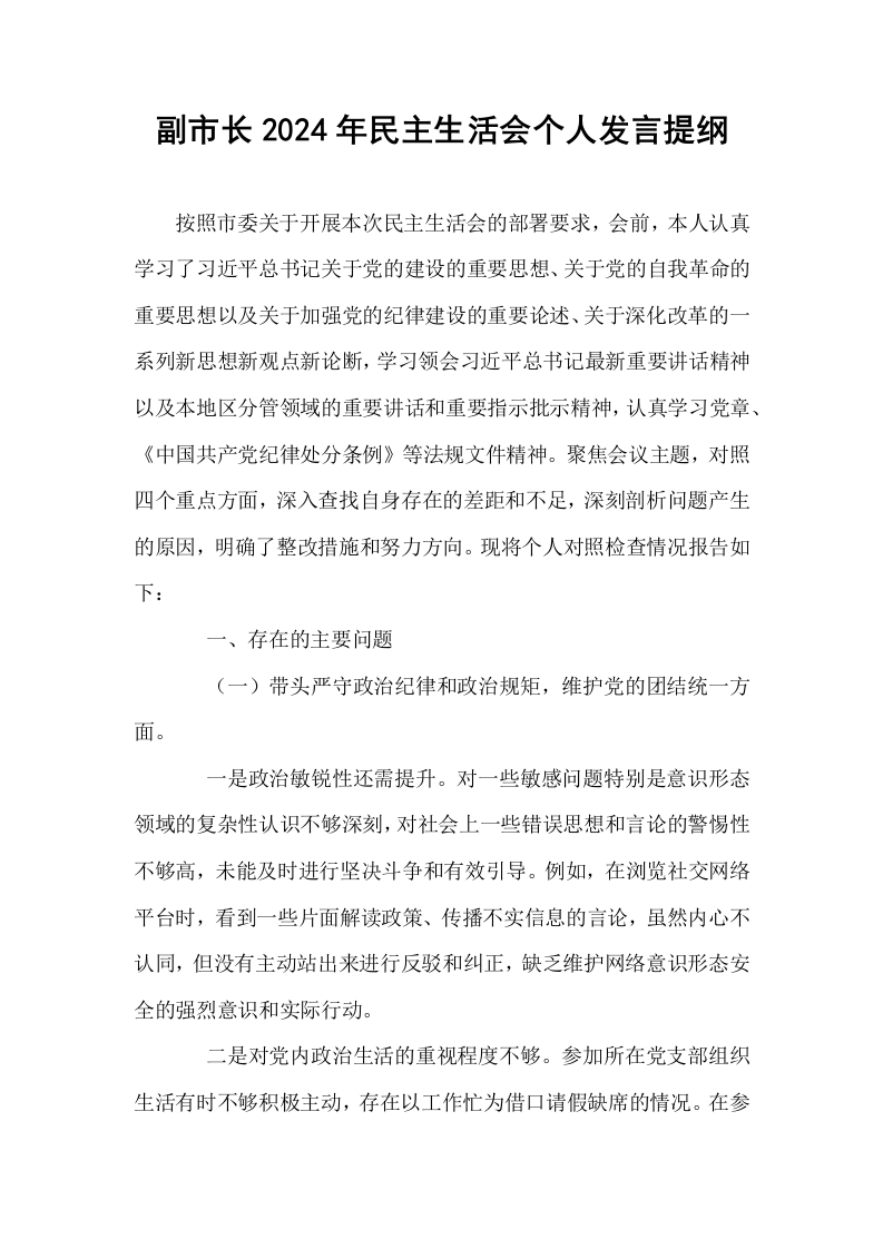 副市长2024年民主生活会个人发言提纲_第1页
