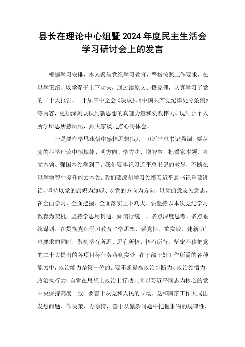 县长在理论中心组暨2024年度民主生活会学习研讨会上的发言（02-08）_第1页