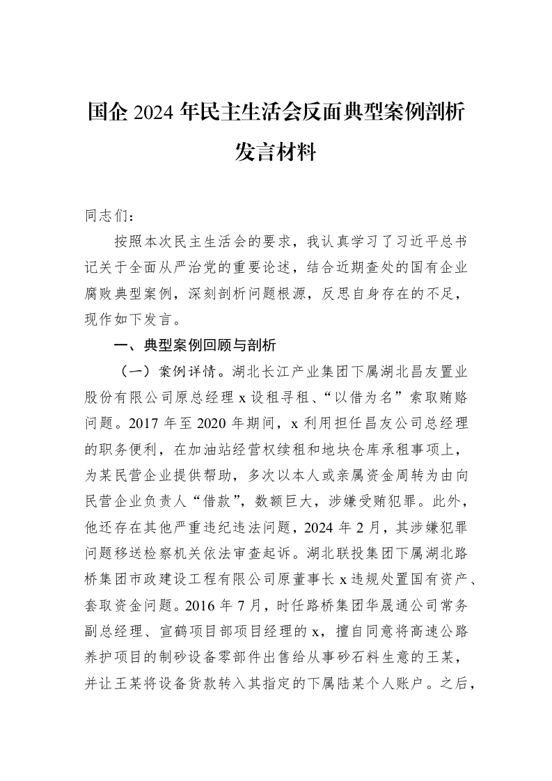 国企2024年民主生活会反面典型案例剖析发言材料（02-19）_第1页