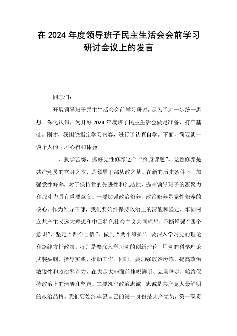 在2024年度领导班子民主生活会会前学习研讨会议上的发言_第1页