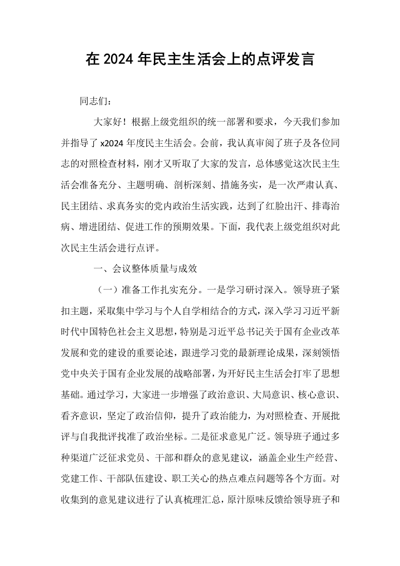 在2024年民主生活会上的点评发言_第1页