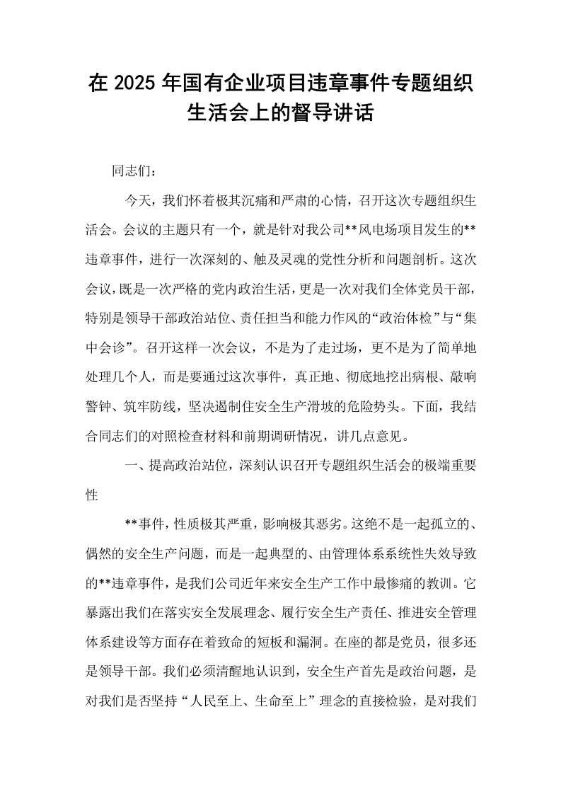 在2025年国有企业项目违章事件专题组织生活会上的督导讲话_第1页