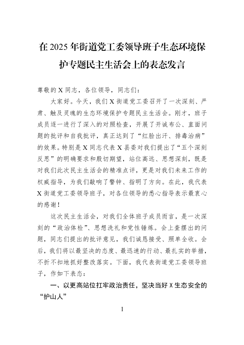 在2025年街道党工委领导班子生态环境保护专题民主生活会上的表态发言_第1页