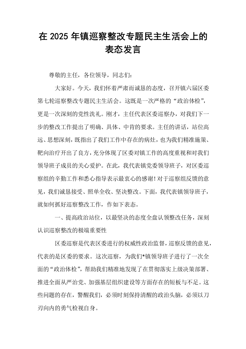 在2025年镇巡察整改专题民主生活会上的表态发言_第1页