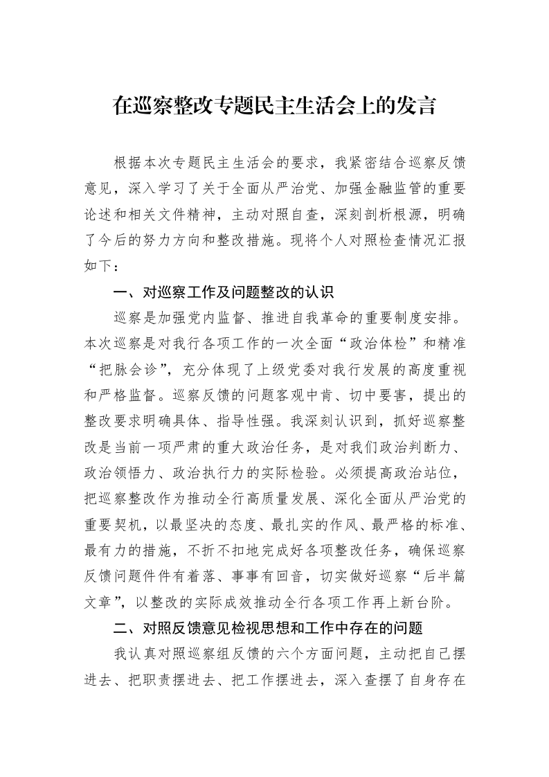 在巡察整改专题民主生活会上的发言_第1页