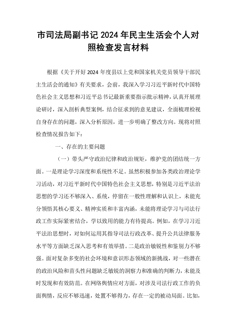 市司法局副书记2024年民主生活会个人对照检查发言材料_第1页