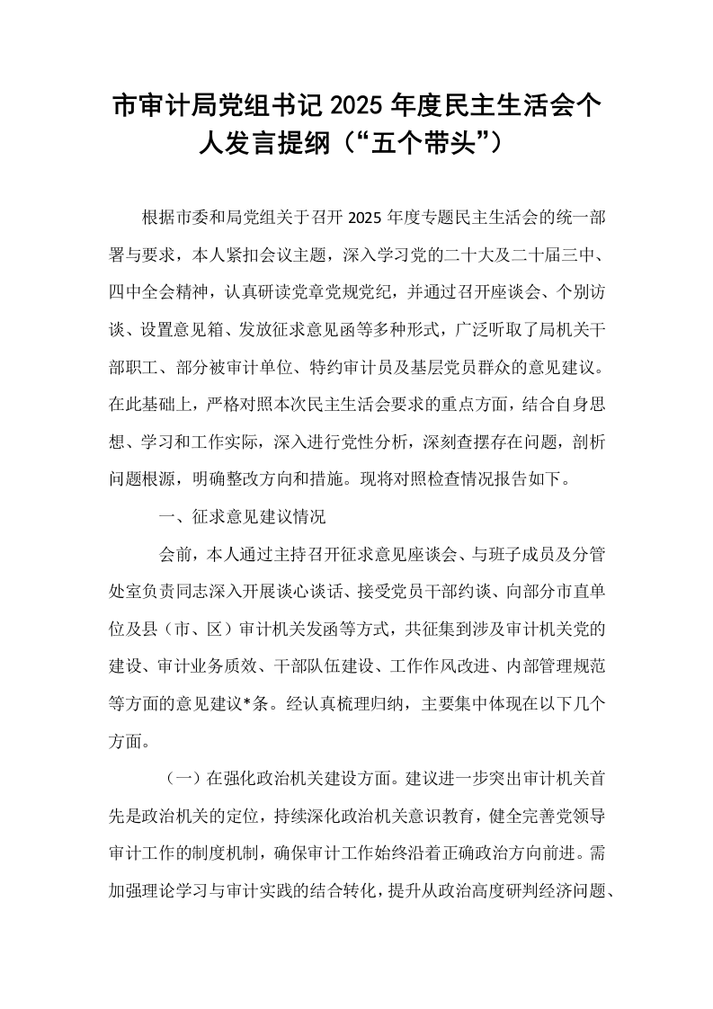 市审计局党组书记2025年度民主生活会个人发言提纲（“五个带头”）_第1页