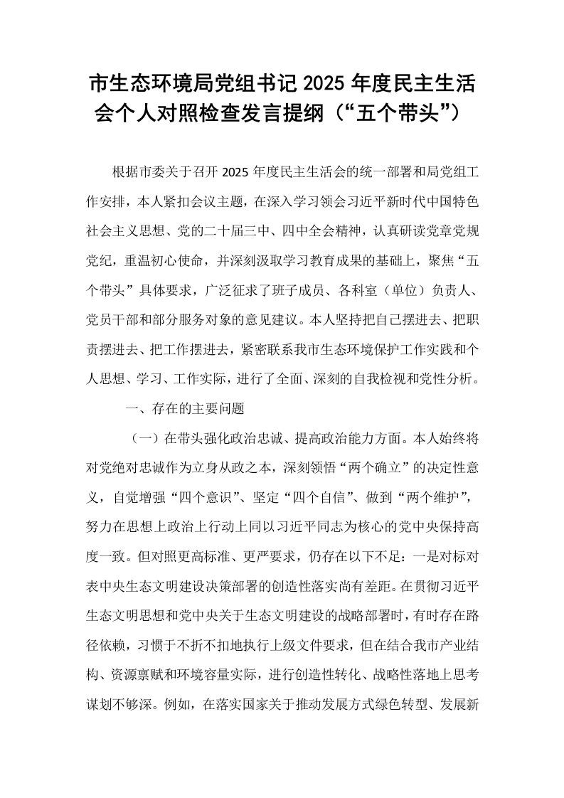 市生态环境局党组书记2025年度民主生活会个人对照检查发言提纲（“五个带头”）_第1页