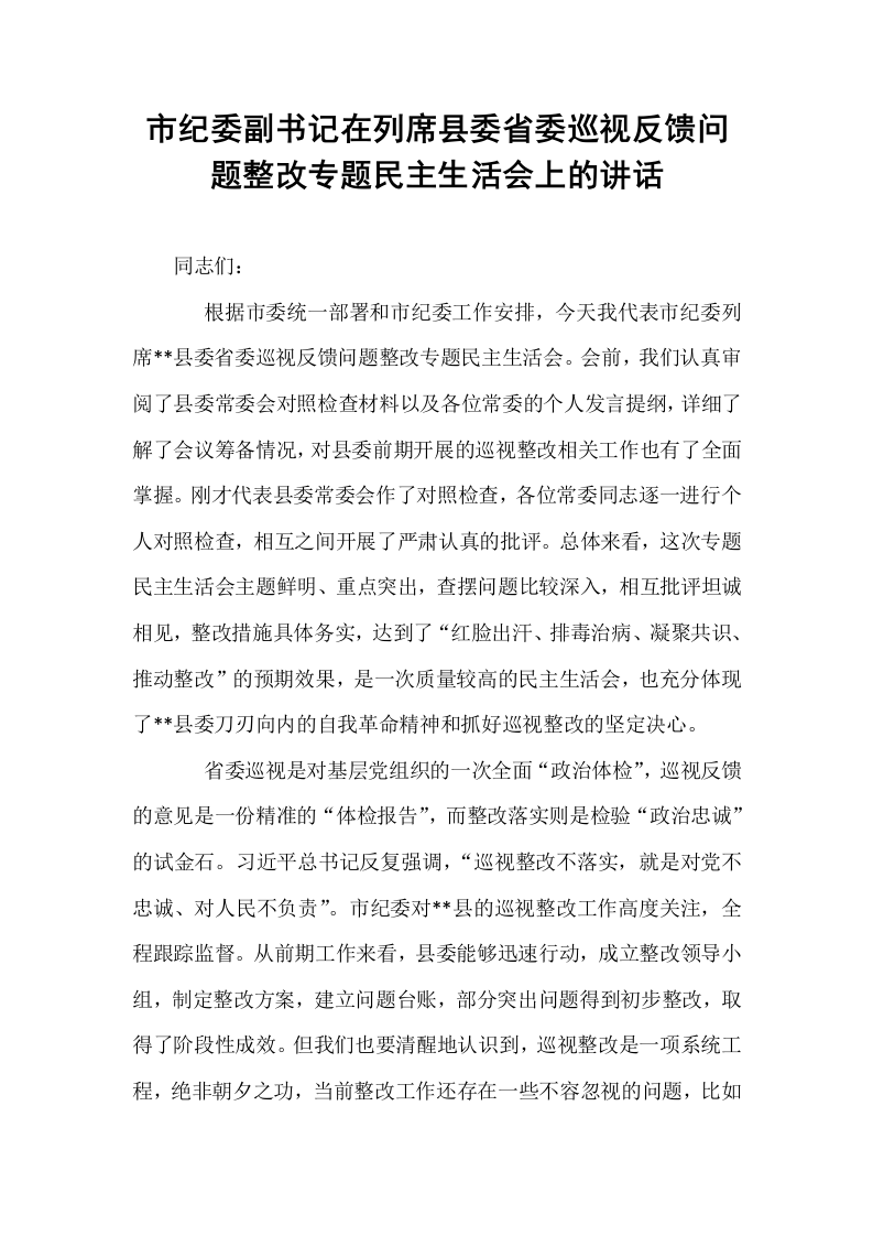 市纪委副书记在列席县委省委巡视反馈问题整改专题民主生活会上的讲话_第1页