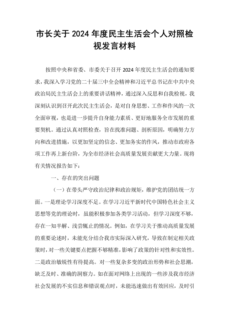 市长关于2024年度民主生活会个人对照检视发言材料_第1页