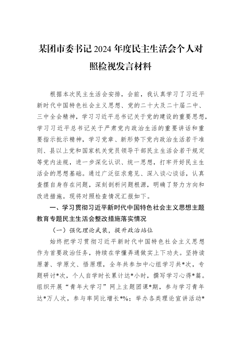 某团市委书记2024年度民主生活会个人对照检视发言材料（3.12）_第1页