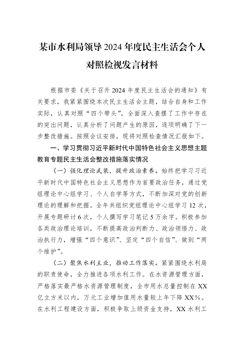 某市水利局领导2024年度民主生活会个人对照检视发言材料（02-13）_第1页